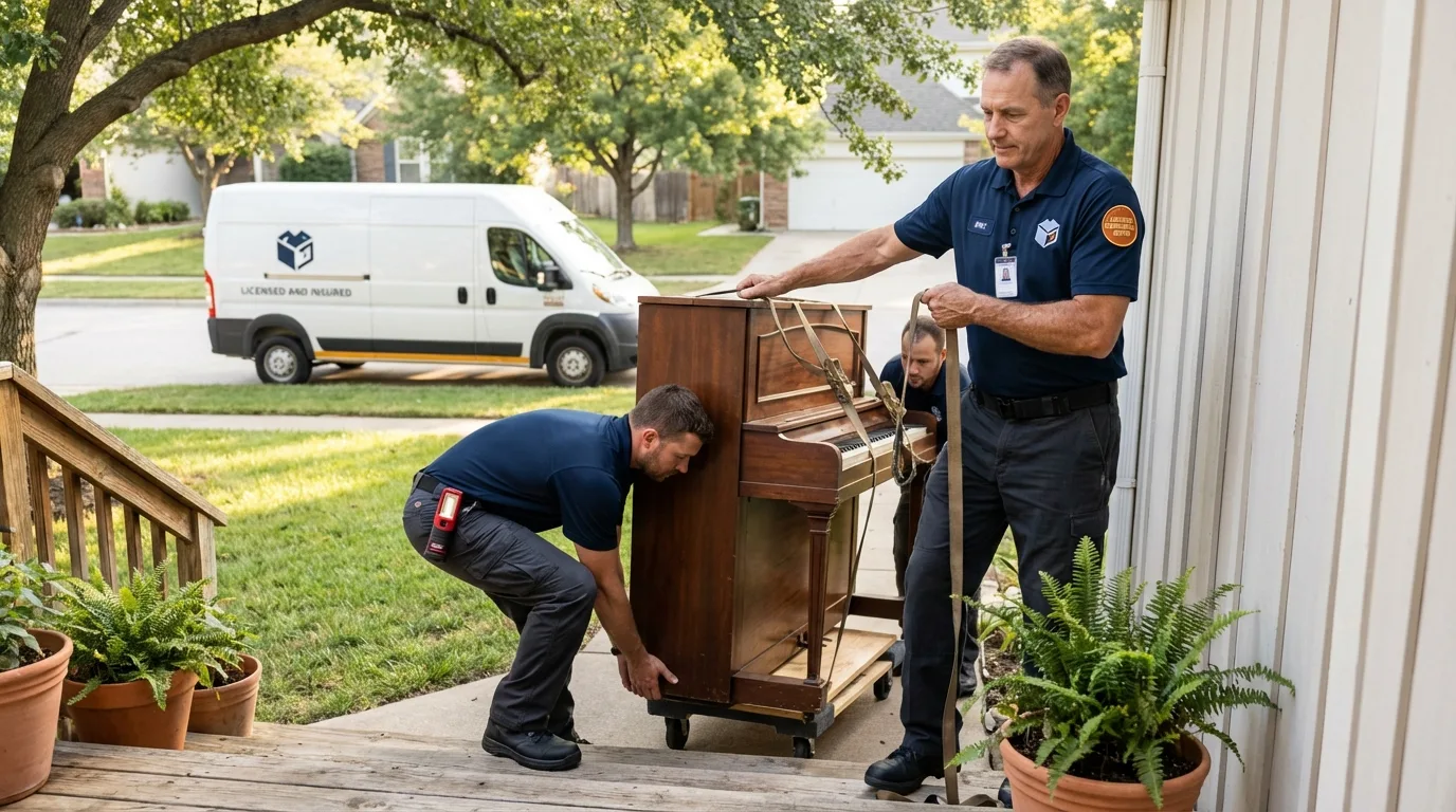 Licensed piano movers securing grand piano in San Lorenzo, CA