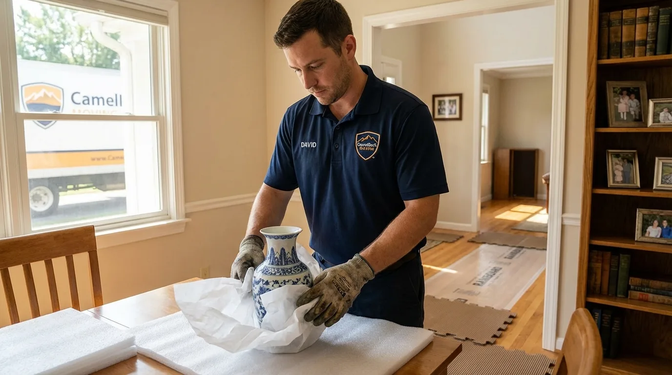 Professional crew carefully wrapping antique vase for senior downsizing move in San Lorenzo, CA